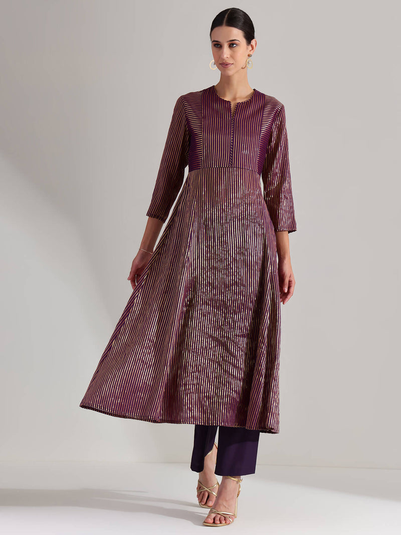 Viscose Striped Kurta Set - Purple & Gold