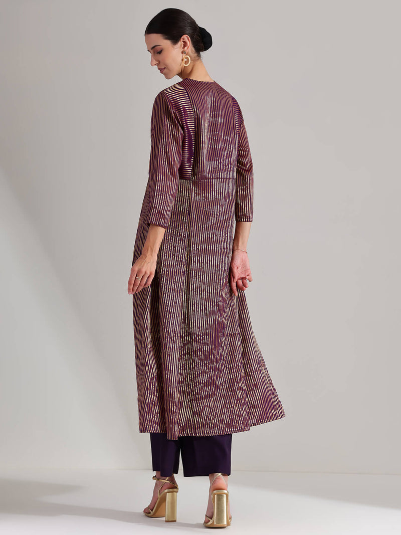 Viscose Striped Kurta Set - Purple & Gold