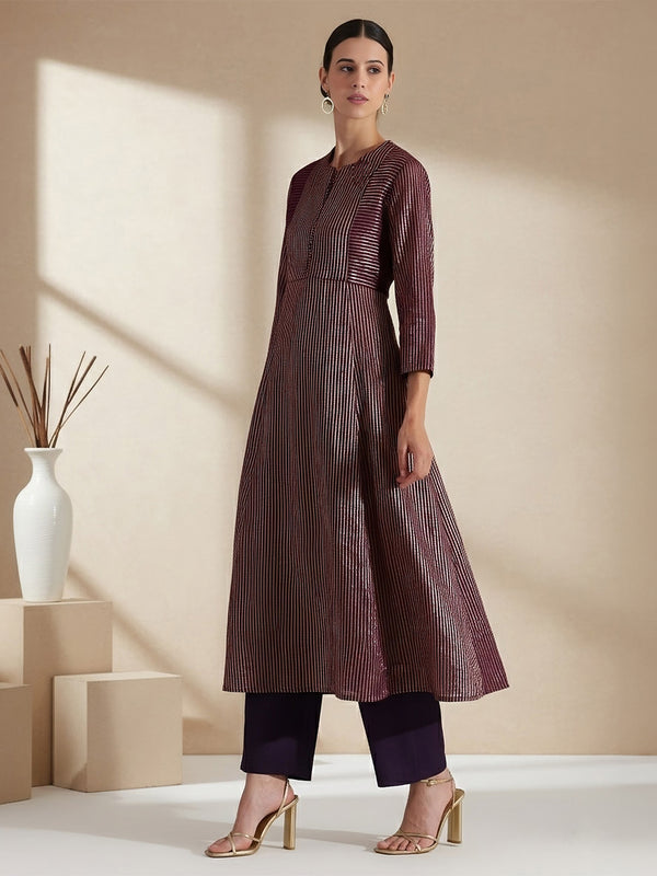 Viscose Striped Kurta Set - Purple & Gold