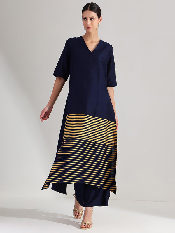 Viscose Silk Assymetric Kurta Set - Navy Blue