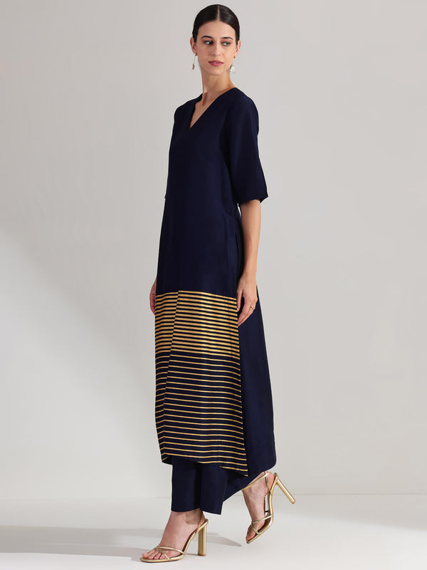 Viscose Silk Assymetric Kurta Set - Navy Blue