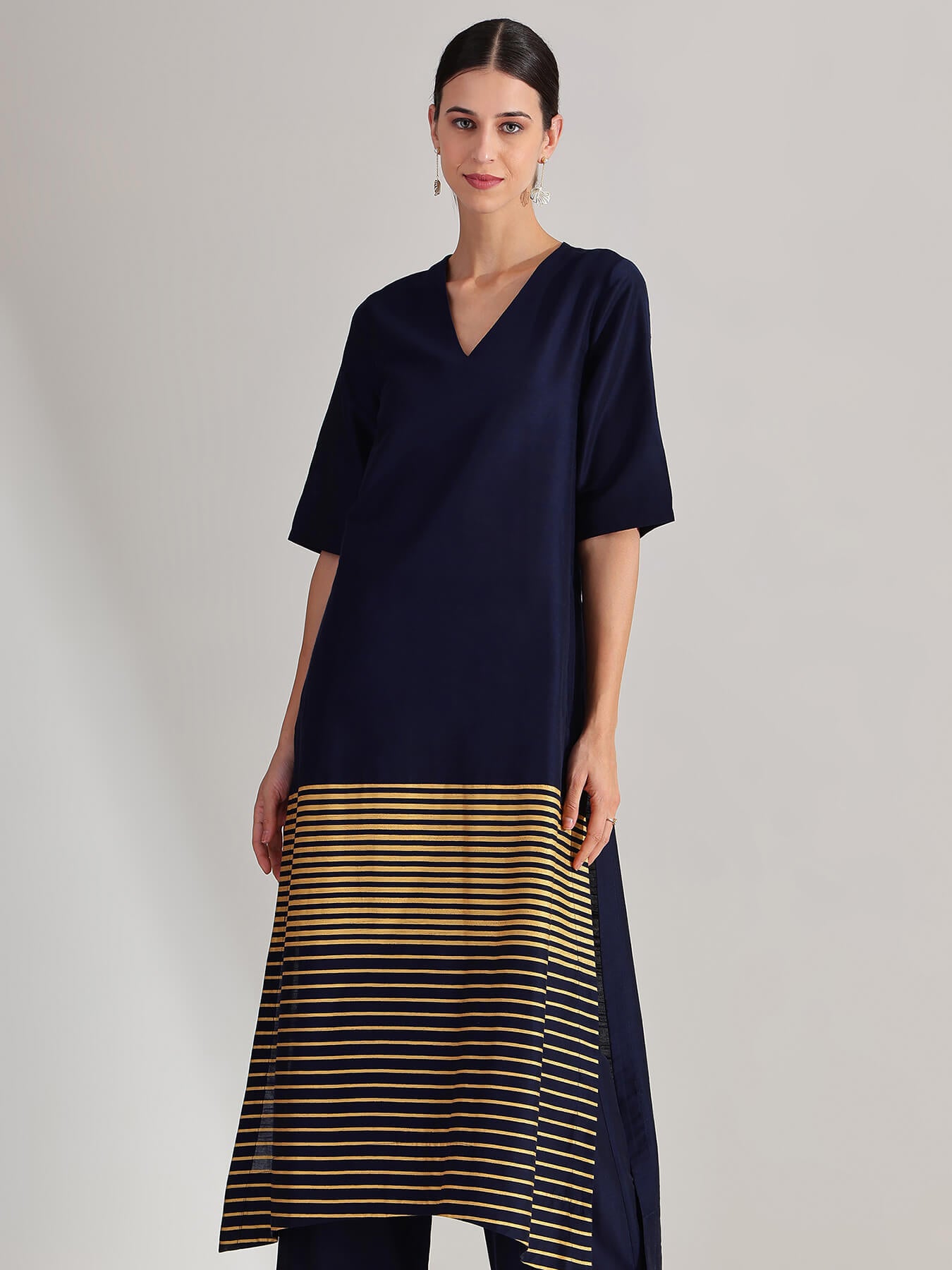 Viscose Silk Assymetric Kurta Set - Navy Blue