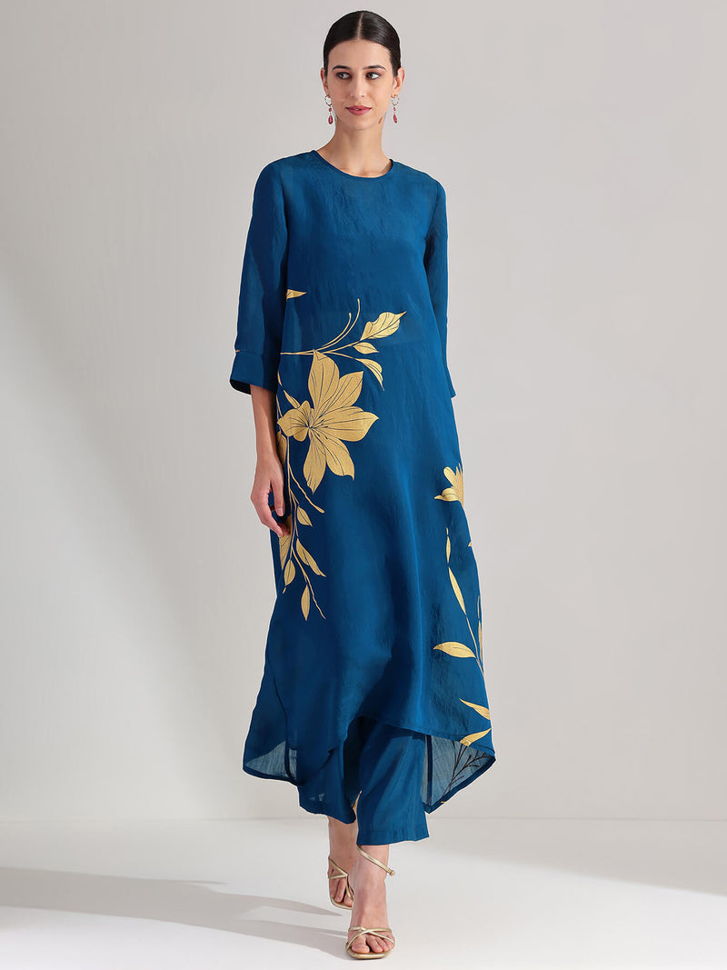Silk Floral Statement Print Kurta Set - Teal & Gold
