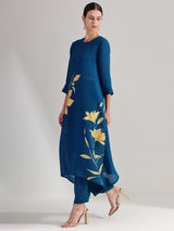 Silk Floral Statement Print Kurta Set - Teal & Gold
