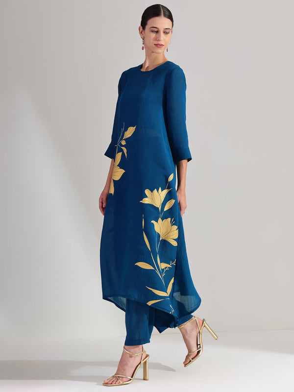 Silk Floral Statement Print Kurta Set - Teal & Gold