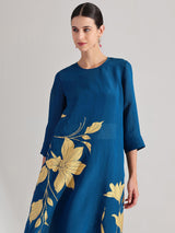 Silk Floral Statement Print Kurta Set - Teal & Gold