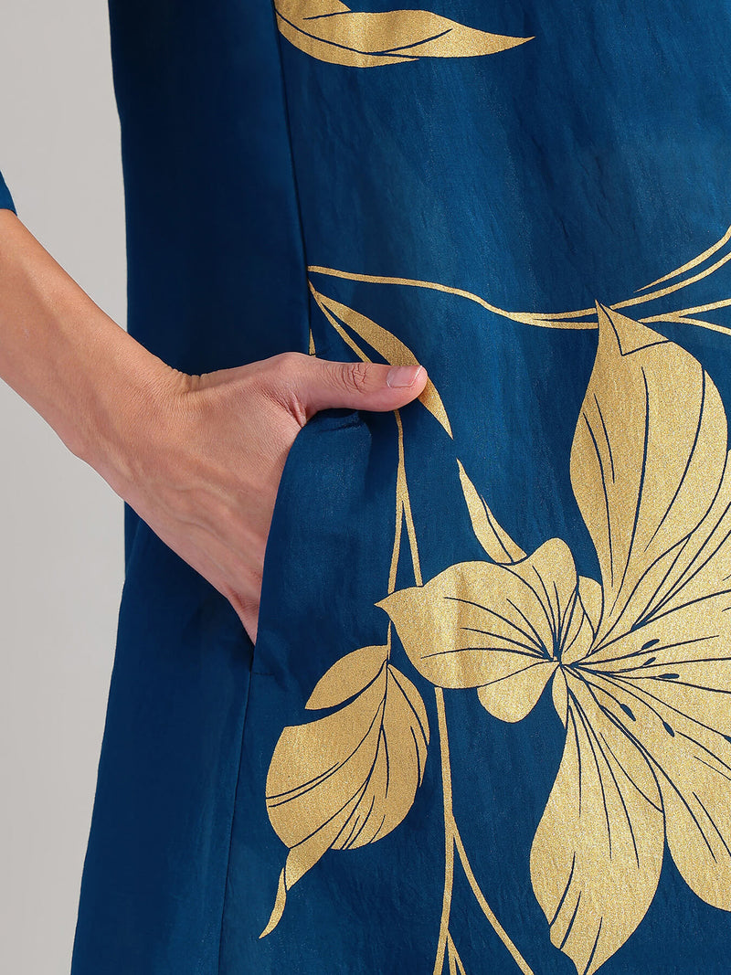 Silk Floral Statement Print Kurta Set - Teal & Gold