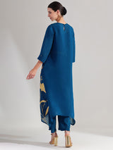 Silk Floral Statement Print Kurta Set - Teal & Gold