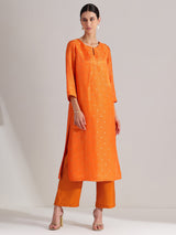 Brocade Floral Kurta Set - Orange