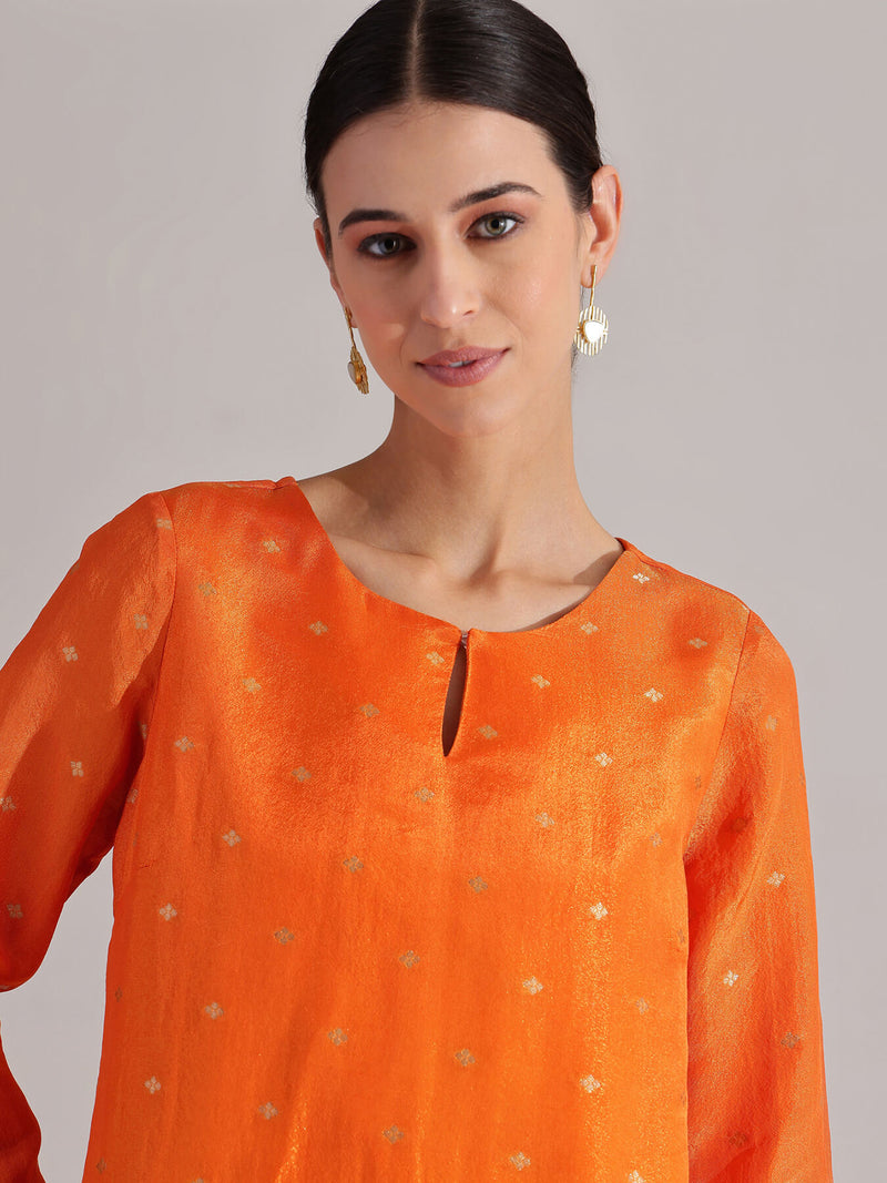 Brocade Floral Kurta Set - Orange
