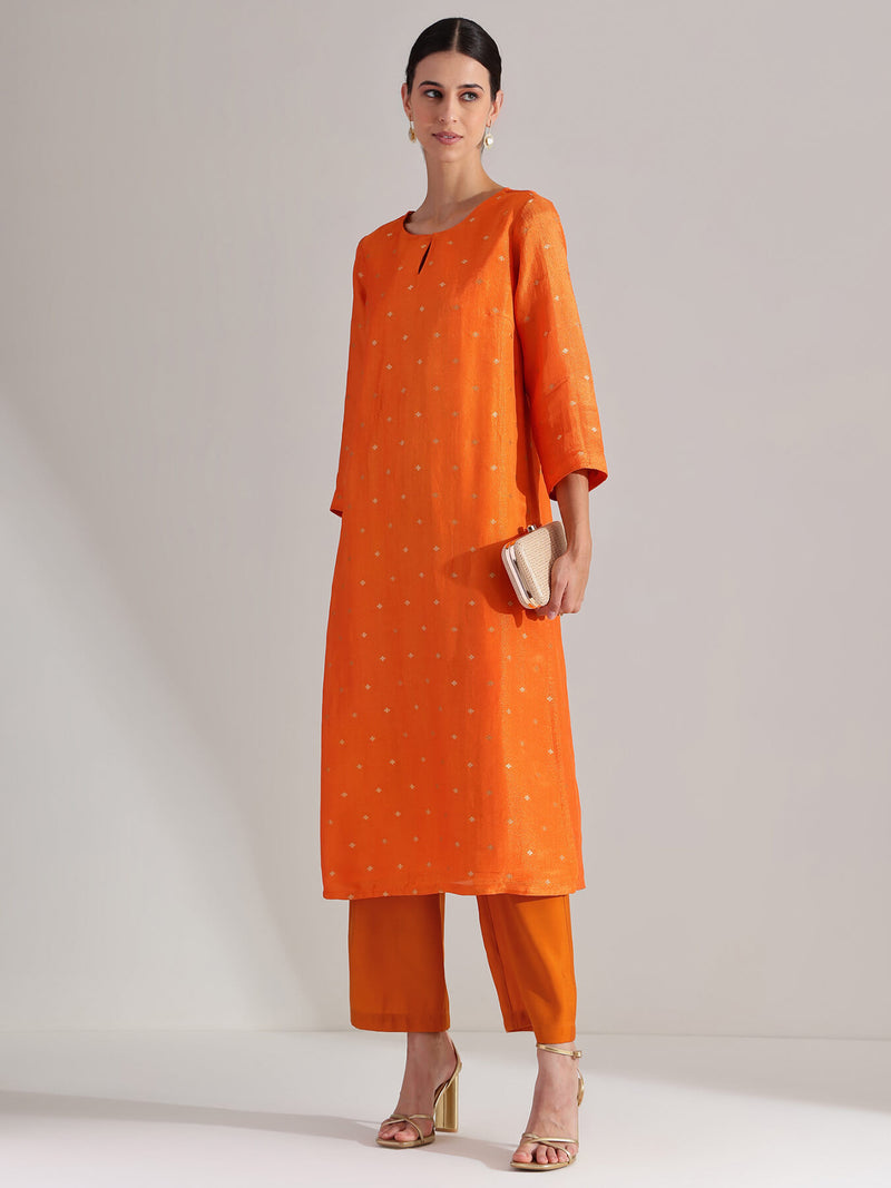 Brocade Floral Kurta Set - Orange