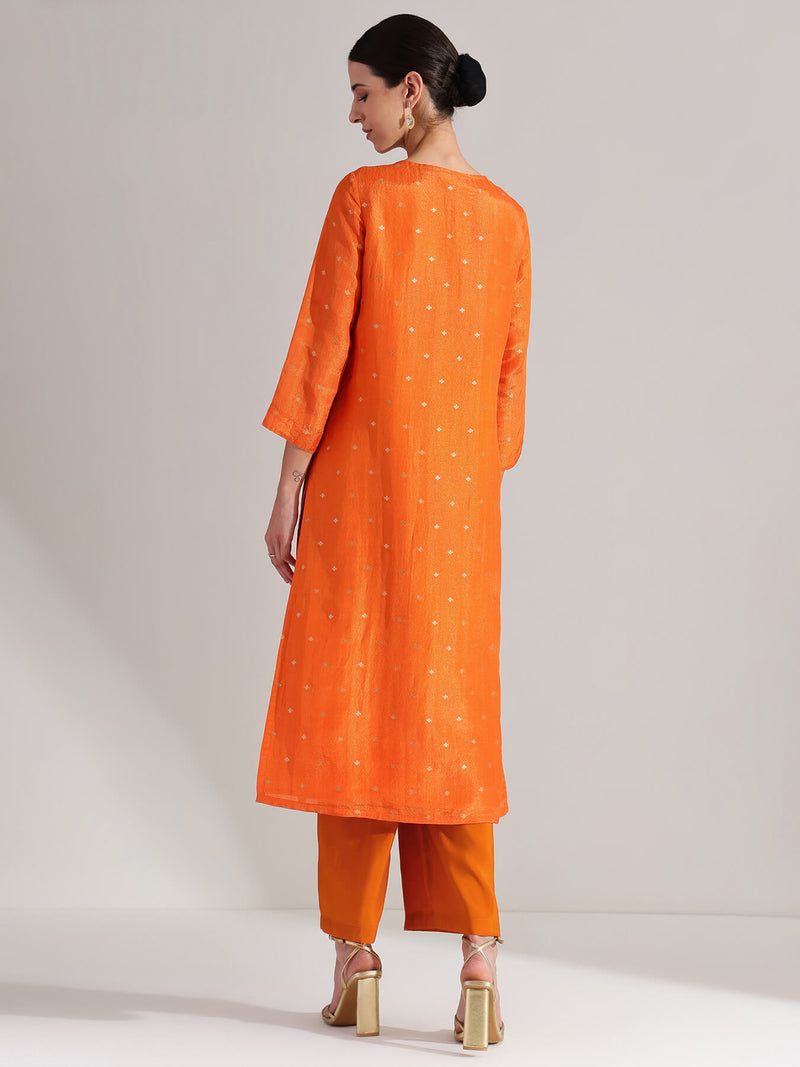 Brocade Floral Kurta Set - Orange