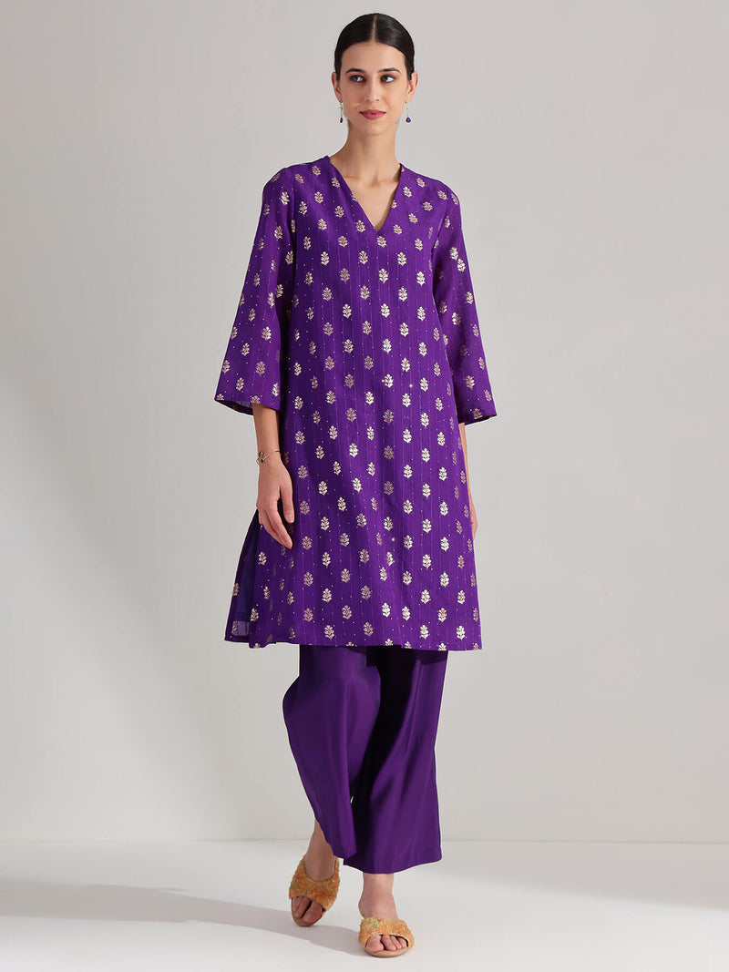 Brocade A-Line Kurta Set - Purple