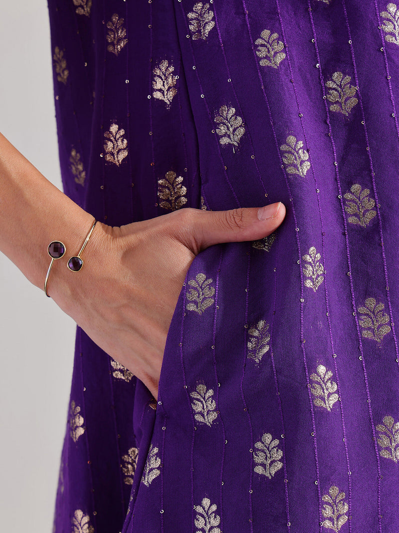 Brocade A-Line Kurta Set - Purple