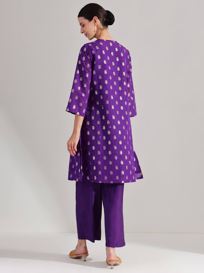 Brocade A-Line Kurta Set - Purple