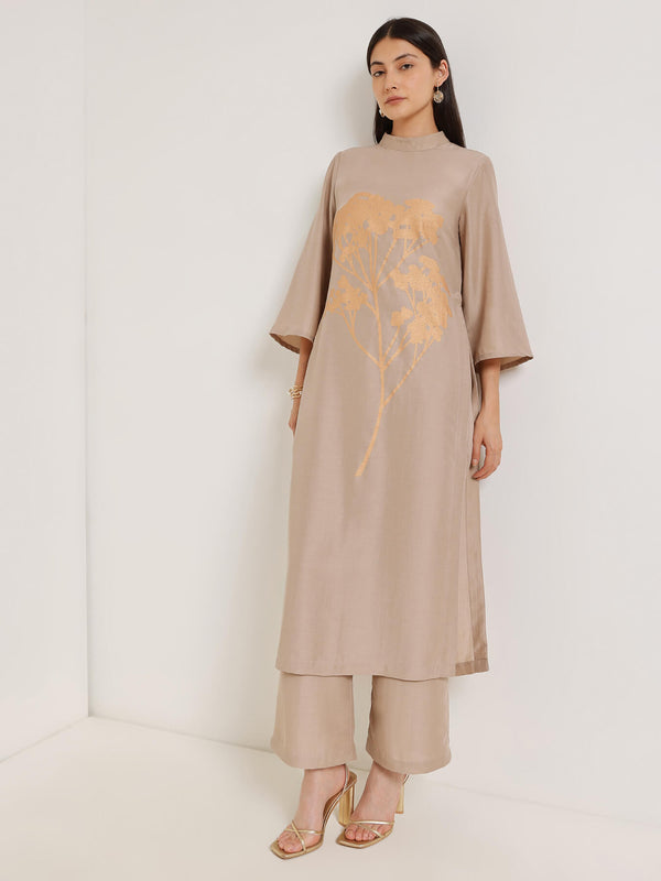 Silk Floral Statement Print Kurta Set - Beige & Gold