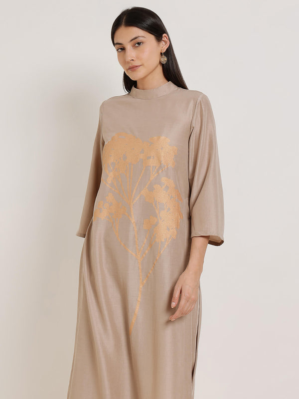 Silk Floral Statement Print Kurta Set - Beige & Gold