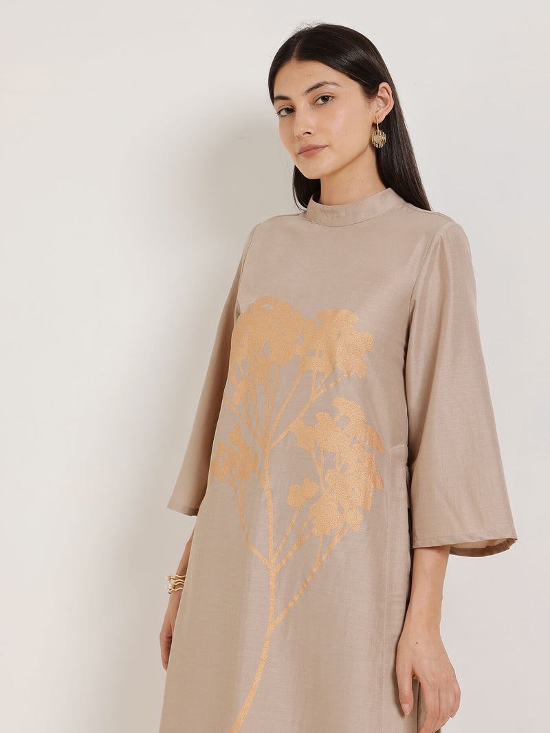 Silk Floral Statement Print Kurta Set - Beige & Gold