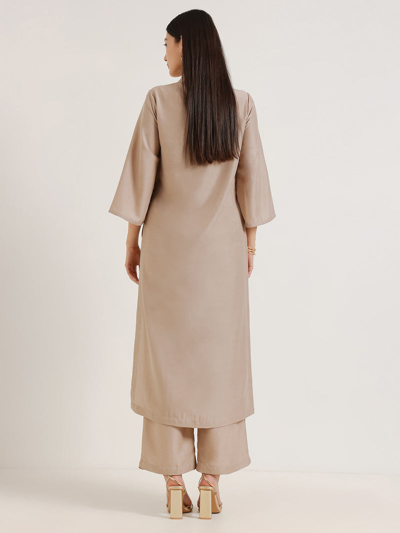 Silk Floral Statement Print Kurta Set - Beige & Gold