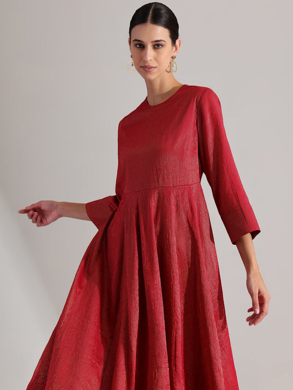 Chanderi Brocade Anarkali Kurta Set - Red & Gold