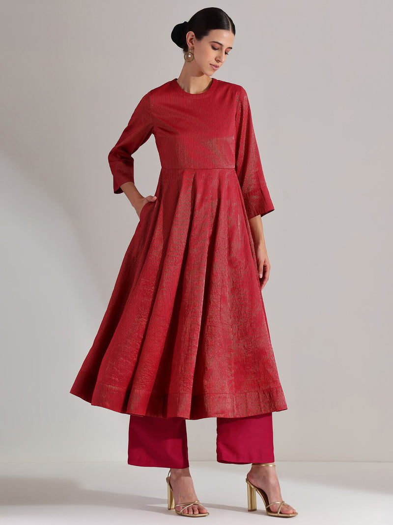 Chanderi Brocade Anarkali Kurta Set - Red & Gold