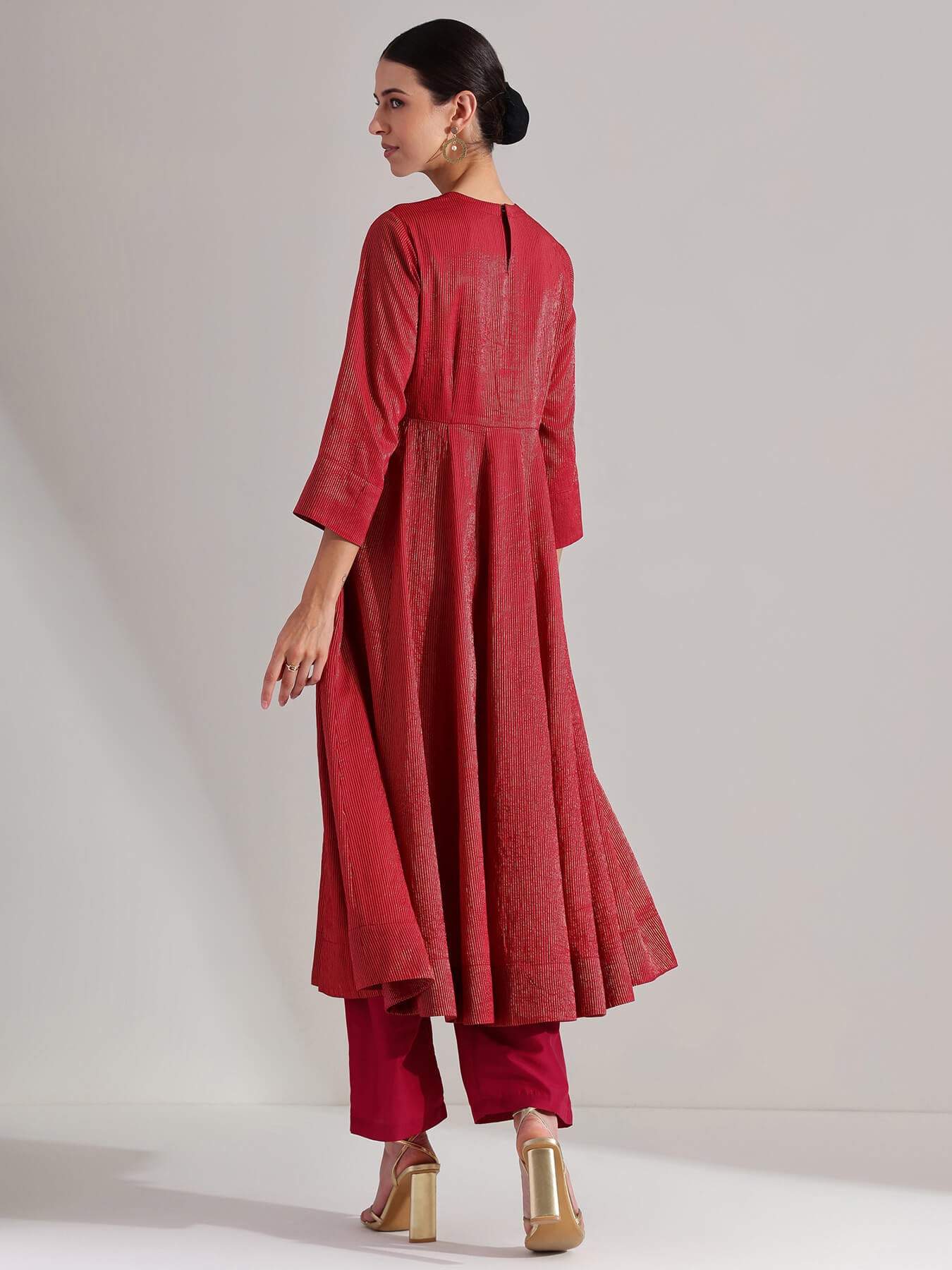 Chanderi Brocade Anarkali Kurta Set - Red & Gold