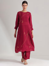 Silk Floral Print Kurta Set - Maroon & Gold