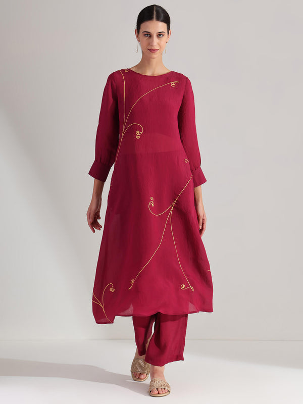 Silk Floral Print Kurta Set - Maroon & Gold