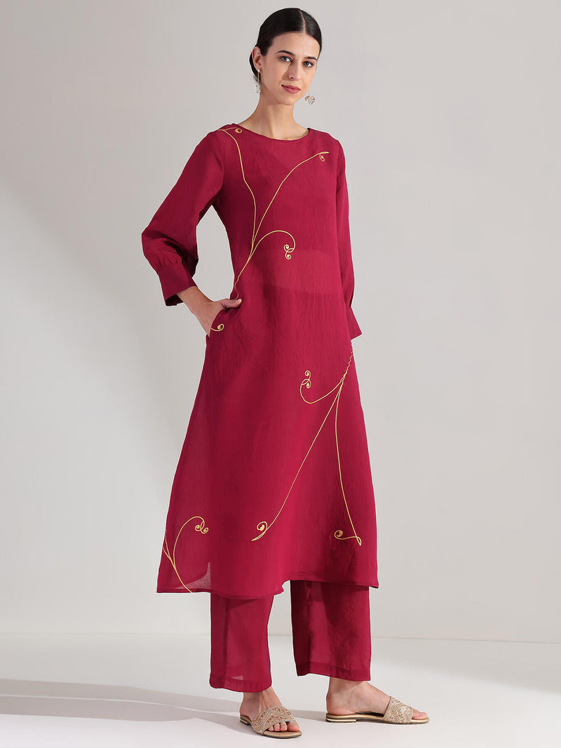Silk Floral Print Kurta Set - Maroon & Gold