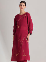 Silk Floral Print Kurta Set - Maroon & Gold