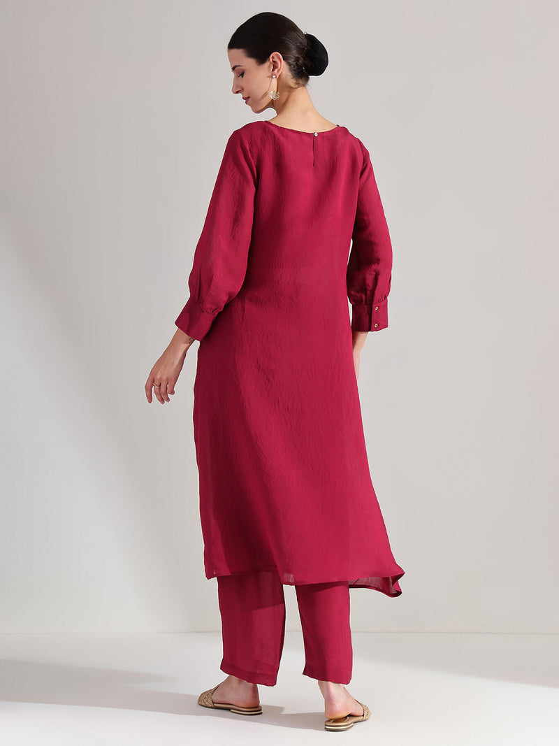 Silk Floral Print Kurta Set - Maroon & Gold