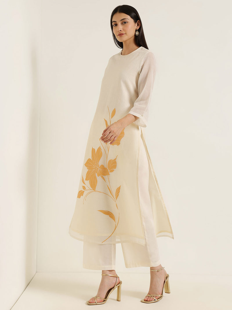 Kota Floral Statement Print Kurta Set - Off White & Gold