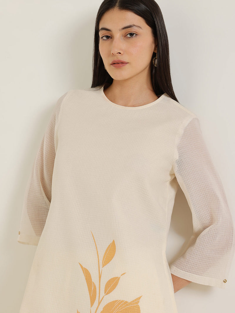 Kota Floral Statement Print Kurta Set - Off White & Gold