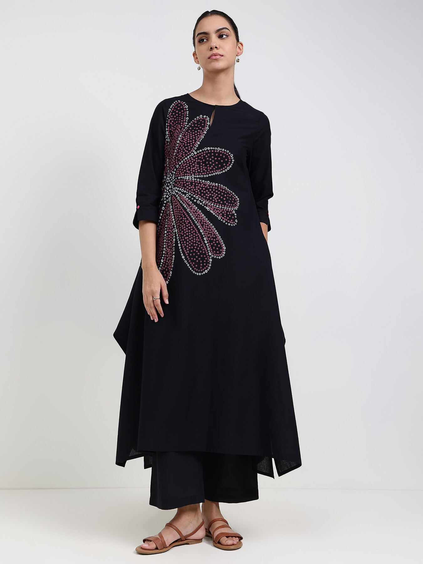 Cotton Bandhani Floral A-Line Kurta Set - Black