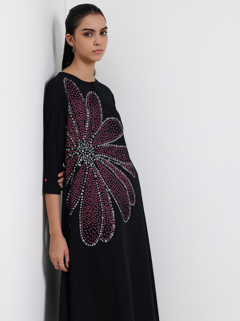 Cotton Bandhani Floral A-Line Kurta Set - Black