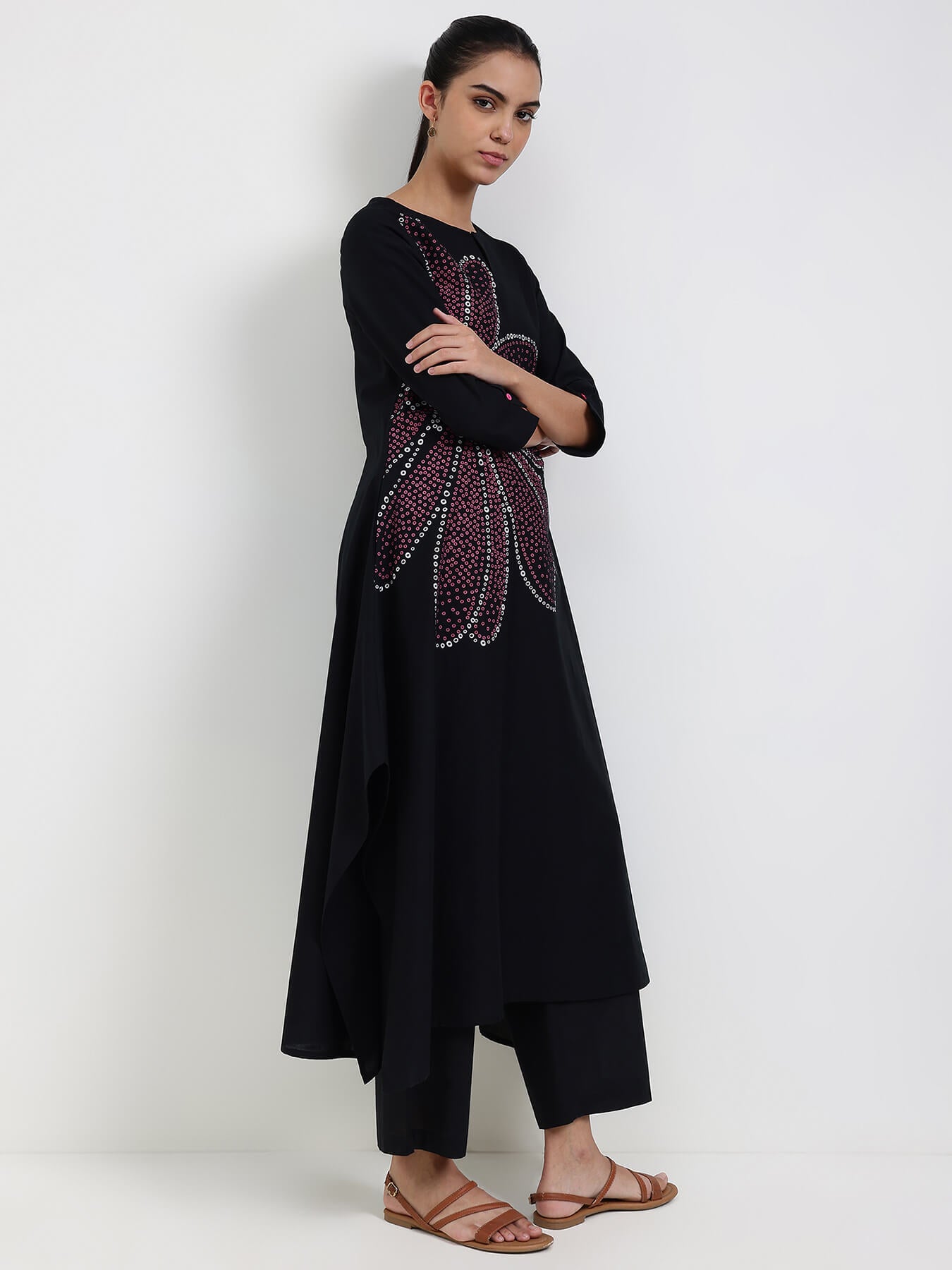 Cotton Bandhani Floral A-Line Kurta Set - Black