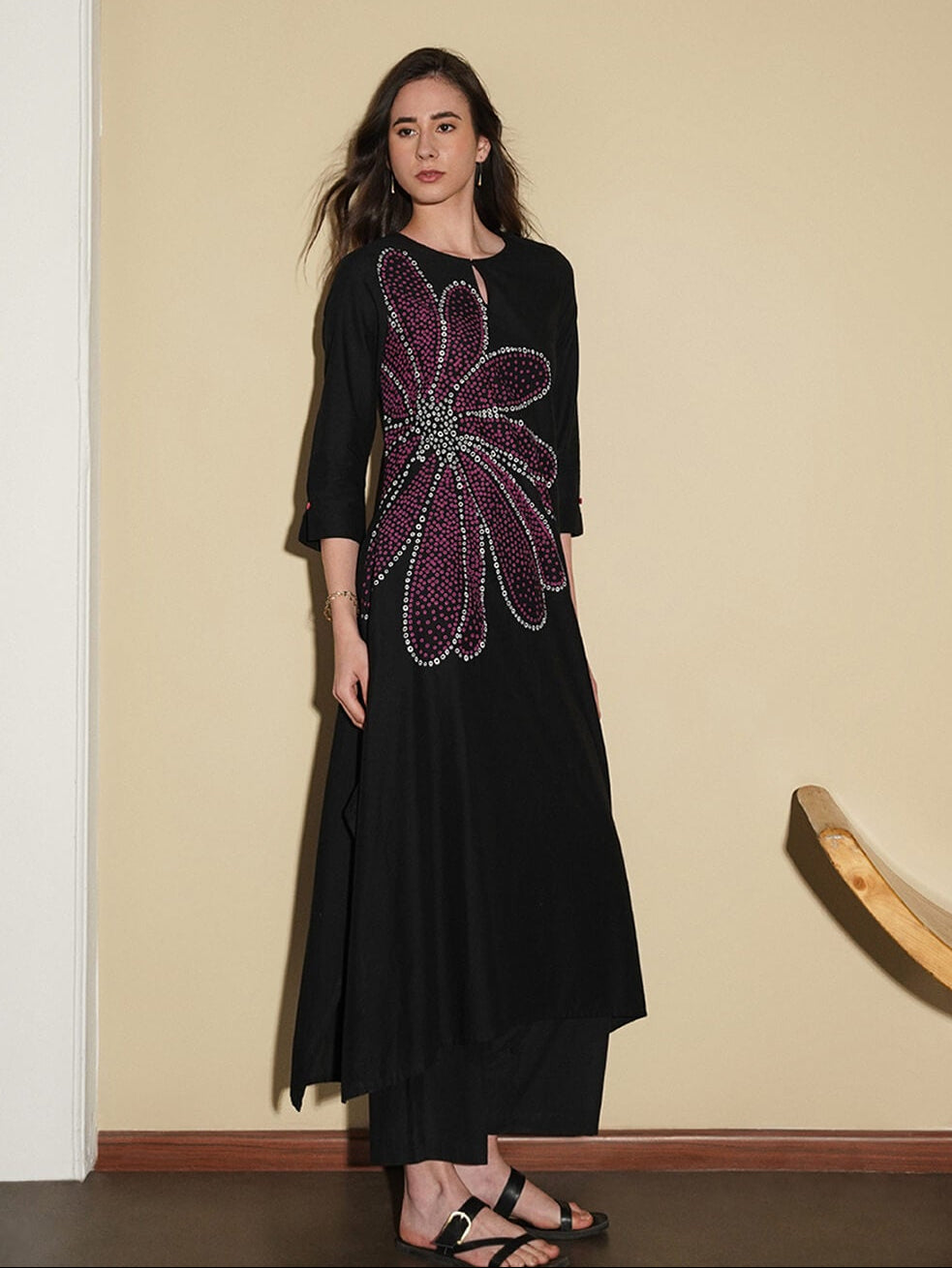 Cotton Bandhani Floral A-Line Kurta Set - Black