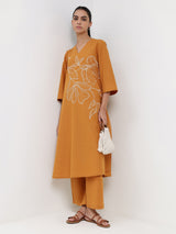 Cotton Bandhani Floral A-Line Kurta Set - Mustard