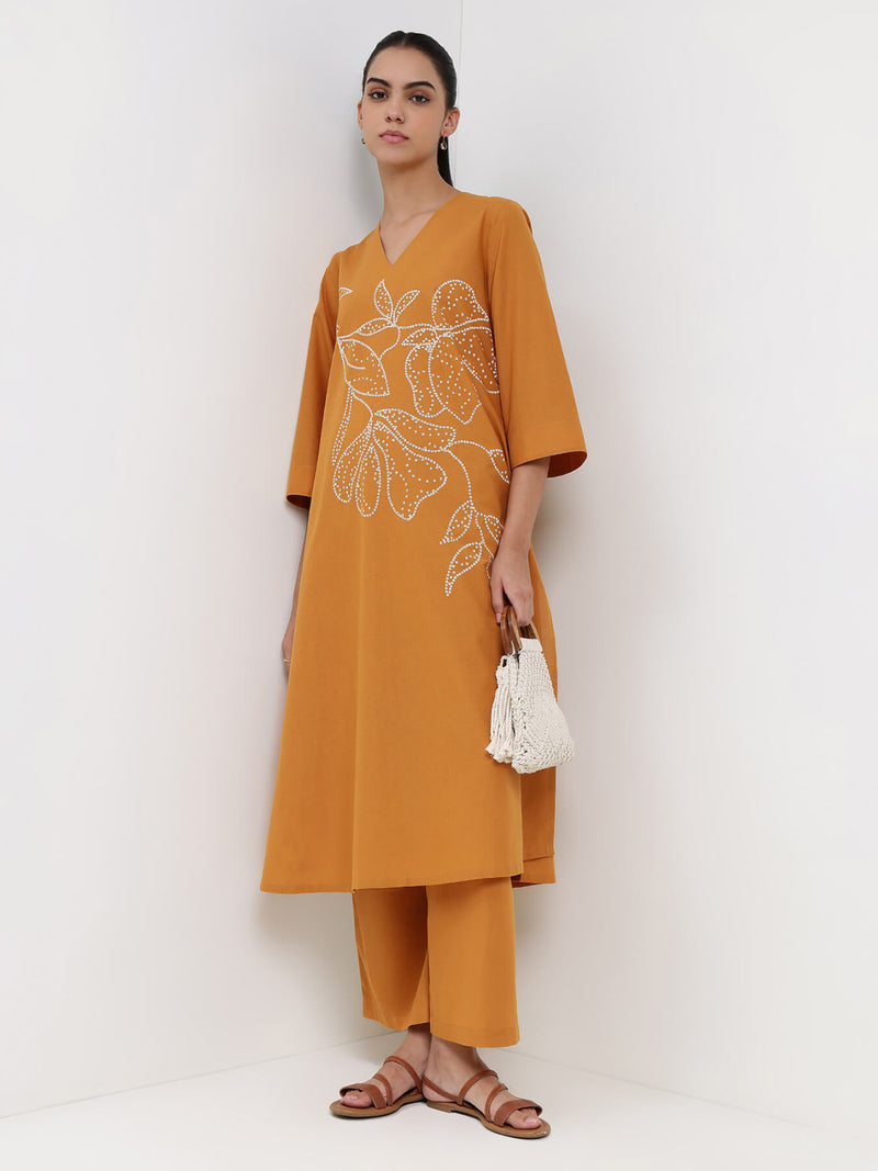 Cotton Bandhani Floral A-Line Kurta Set - Mustard