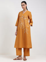 Cotton Bandhani Floral A-Line Kurta Set - Mustard
