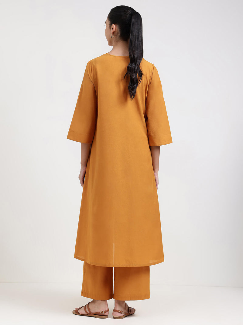 Cotton Bandhani Floral A-Line Kurta Set - Mustard