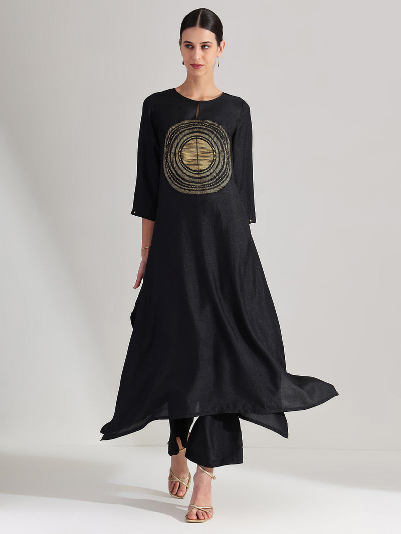 Silk Gold Statement Print Kurta Set - Black