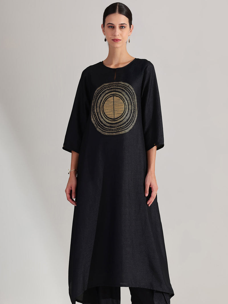 Silk Gold Statement Print Kurta Set - Black