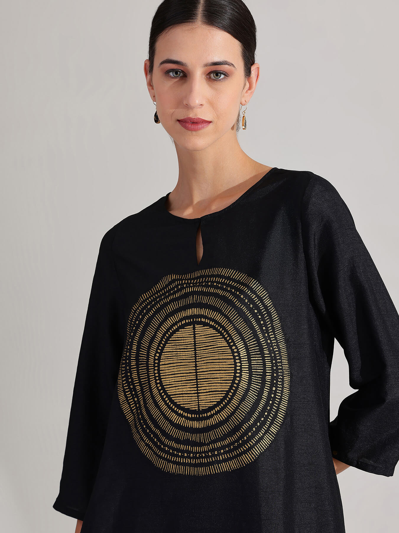 Silk Gold Statement Print Kurta Set - Black