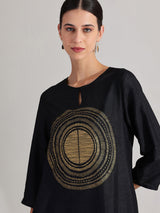 Silk Gold Statement Print Kurta Set - Black