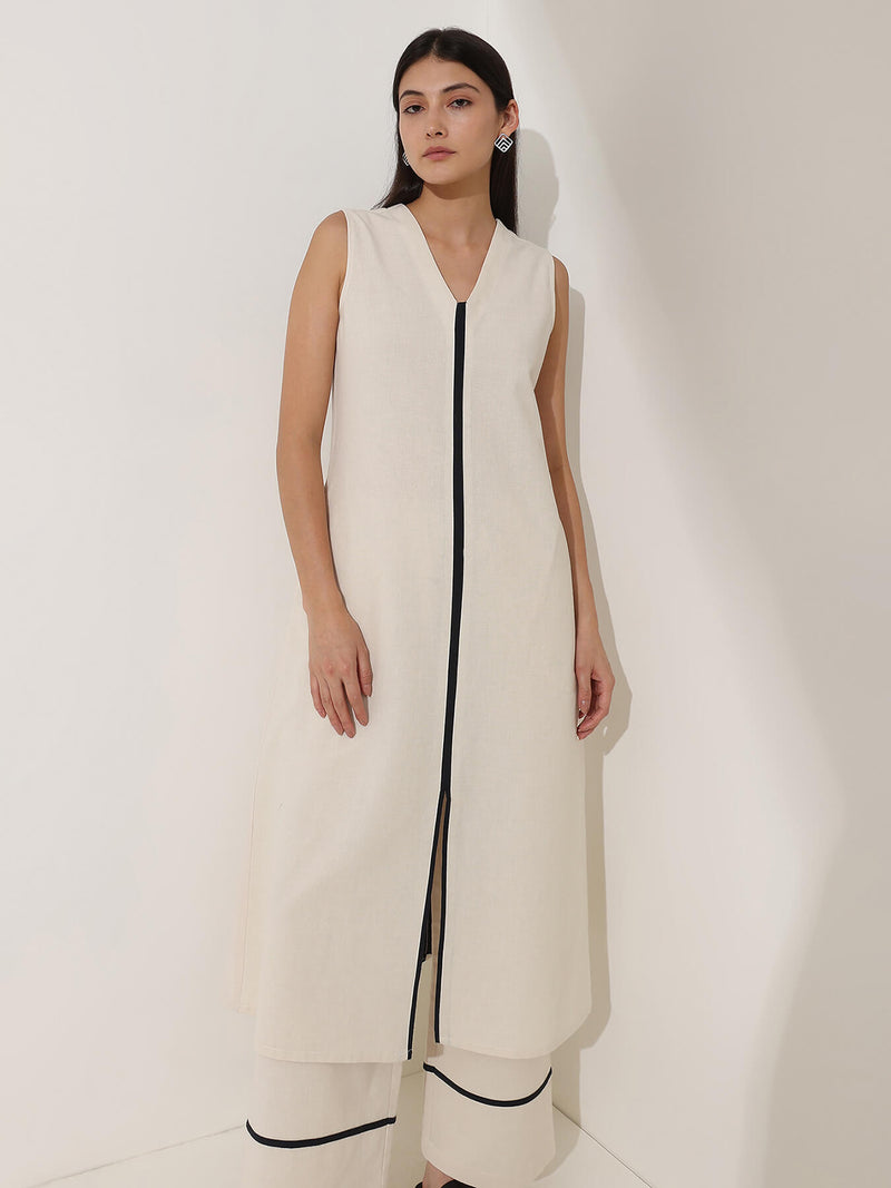 Linen Blend Colourblock A-Line Kurta Set - Off White & Black