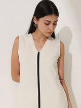 Linen Blend Colourblock A-Line Kurta Set - Off White & Black