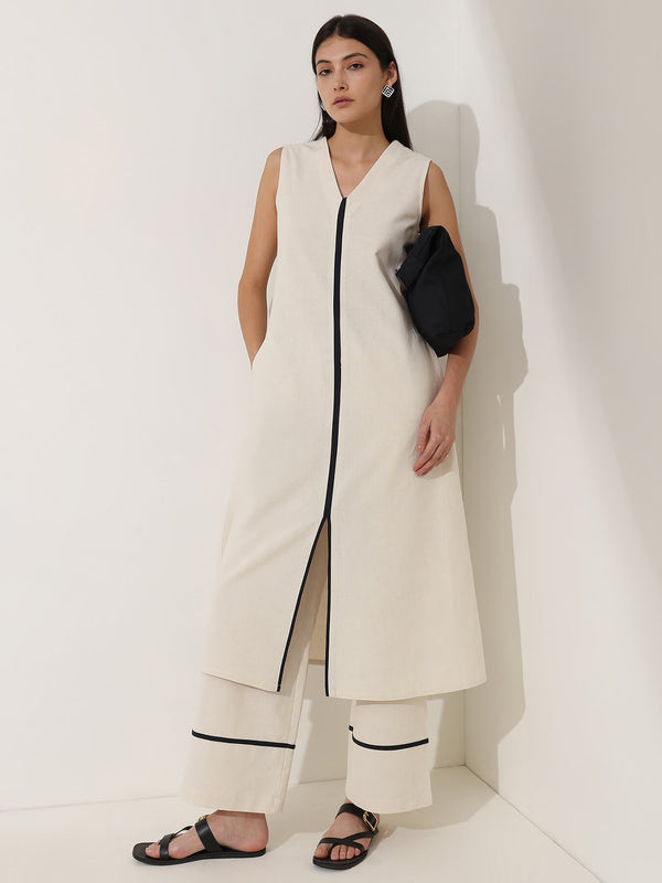 Linen Blend Colourblock A-Line Kurta Set - Off White & Black