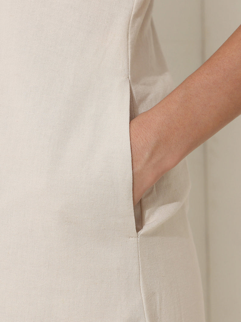 Linen Blend Colourblock A-Line Kurta Set - Off White & Black