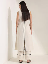 Linen Blend Colourblock A-Line Kurta Set - Off White & Black